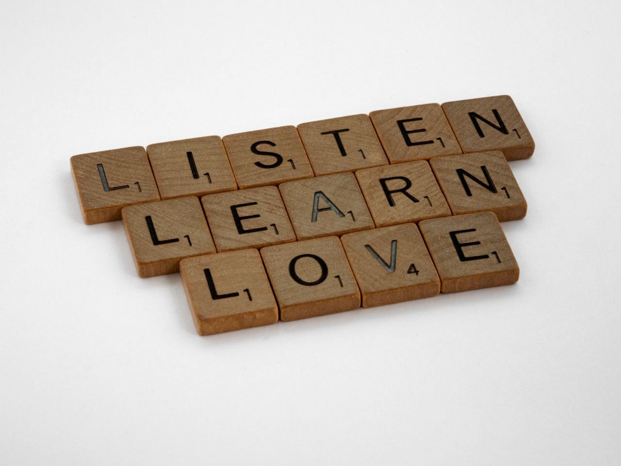 Mastering the First Impression: Your intriguing post title goes here Scrabble tiles arranged to spell Listen, Learn, Love on a white background.